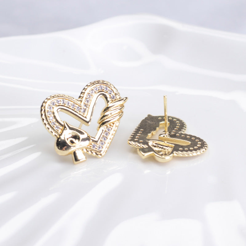 4 Heart Stud Earrings Rhinestone Embellished 14K GF Earing