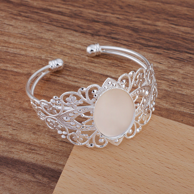 Bracelet à cercle ouvert en filigrane à deux rangées de bords dentelés, 18KGP, 18x25mm, cabochon ovale, Base vierge, réglage de pièces de pierres précieuses
