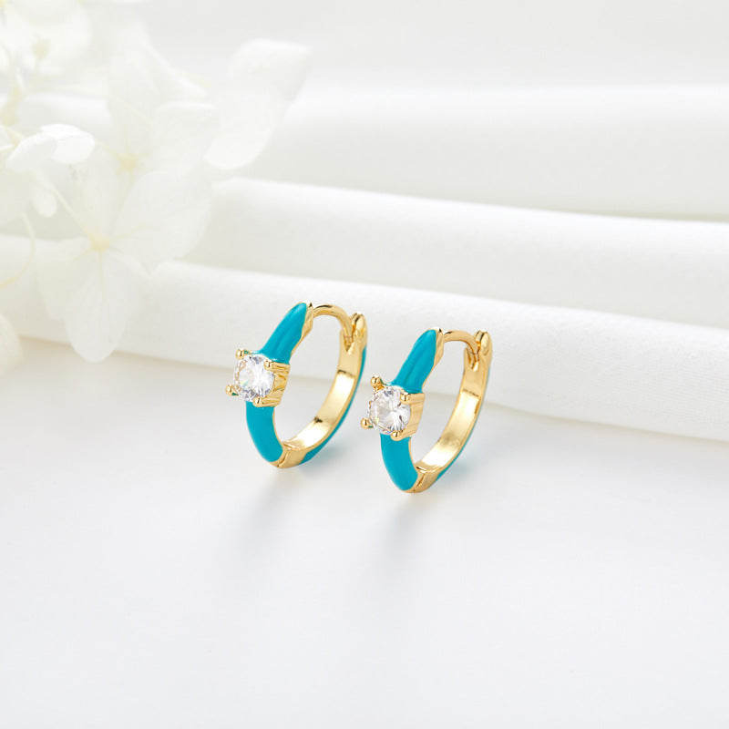 4 One Stone Hoop Earrings Enamel Epoxy Rhinestone Embellished 14K GF Earing