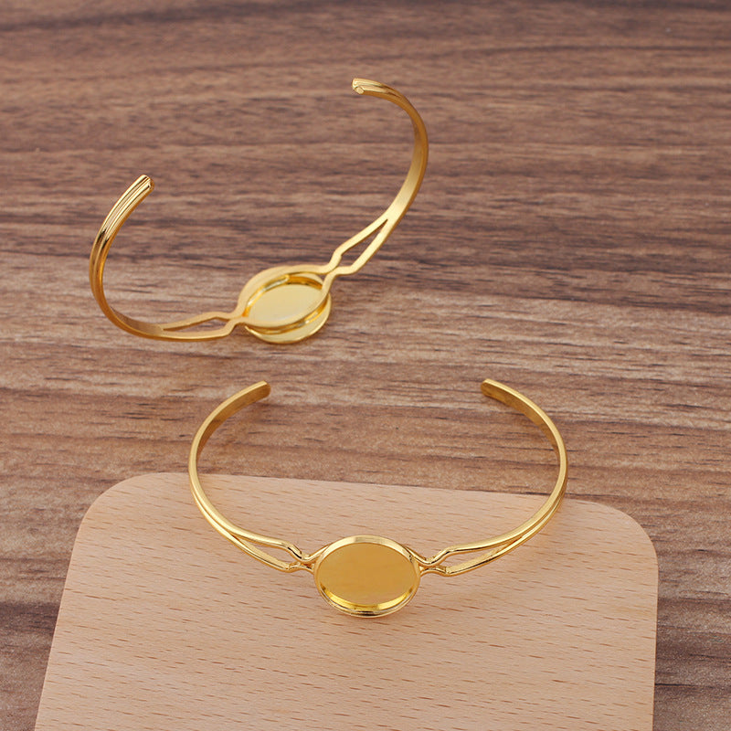 Bracelet à cercle ouvert à deux rangées de 5 bords unis, 18KGP, cabochon rond de 16mm, Base vierge, sertissage de pièces de pierres précieuses