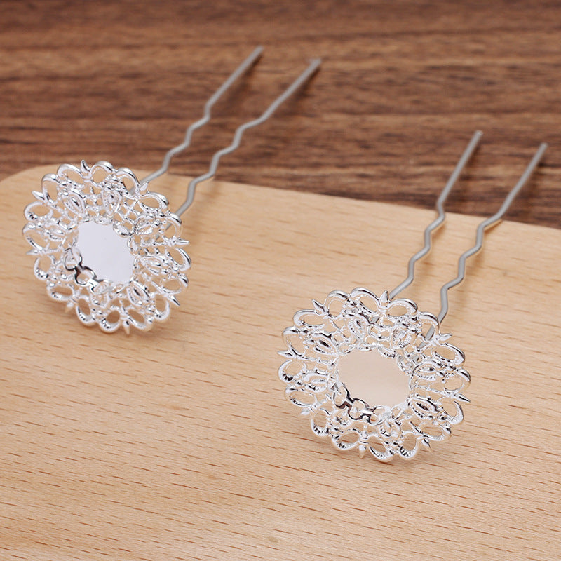 10 Scallop Edge Bezel Cup Filigree Floral Charm Hair Fork Hairpin 18KGP 10mm Round Cabochon Blank Base Gemstone Piece Setting