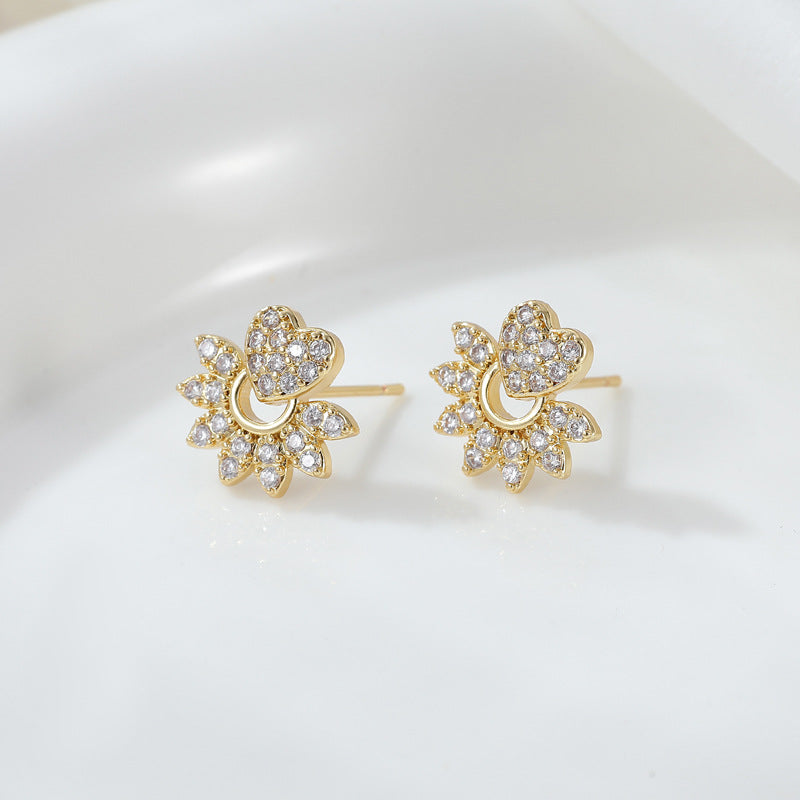 Boucles d'oreilles à tige en forme de cœur, 4 cercles perlés, ornées de strass 14K GF