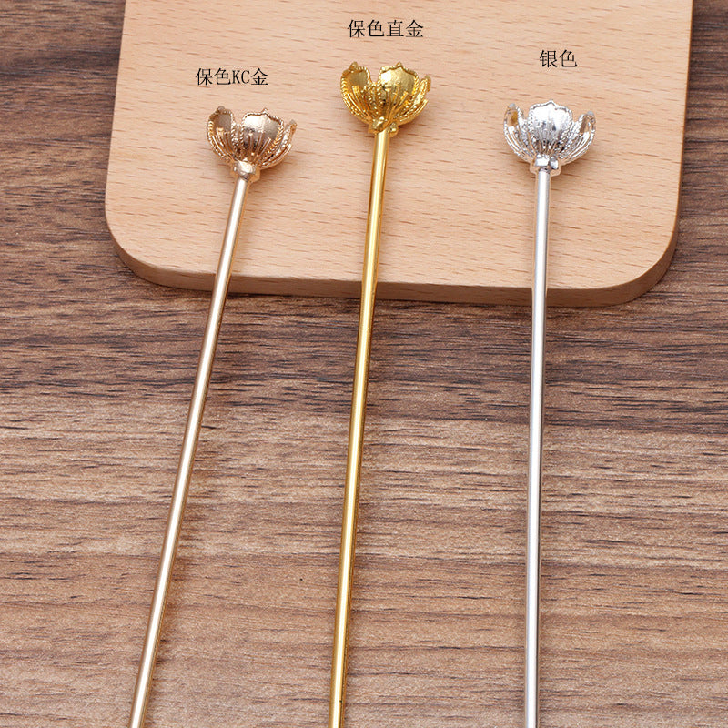 20 florale chinesische Stab-Haarnadeln, 18 kgp, 12 mm, rund, nicht poröse Perlen, blanko Basis, Edelstein-Perlenfassung