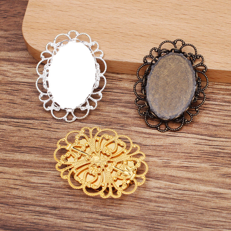 20 filigrane bord festonné lunette tasse charme dos plat paramètres 18KGP 18x25mm ovale Cabochon strass Zircon pierre précieuse Base vierge