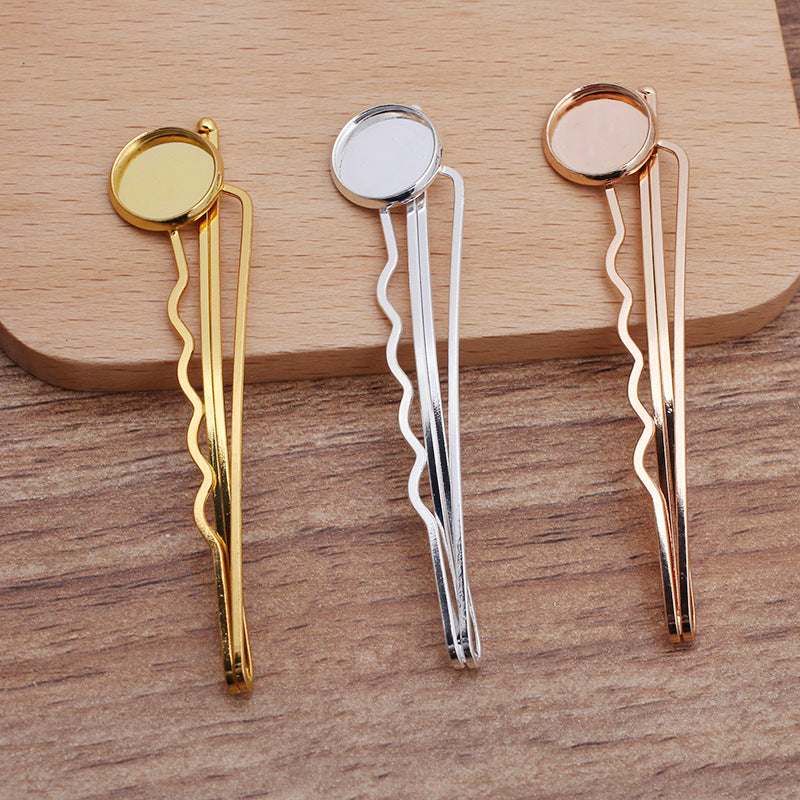 30 Plain Edge Bezel Cup Straight Hair Clip Hairpin 18KGP 12mm Round Cabochon Blank Base Gemstone Piece Setting