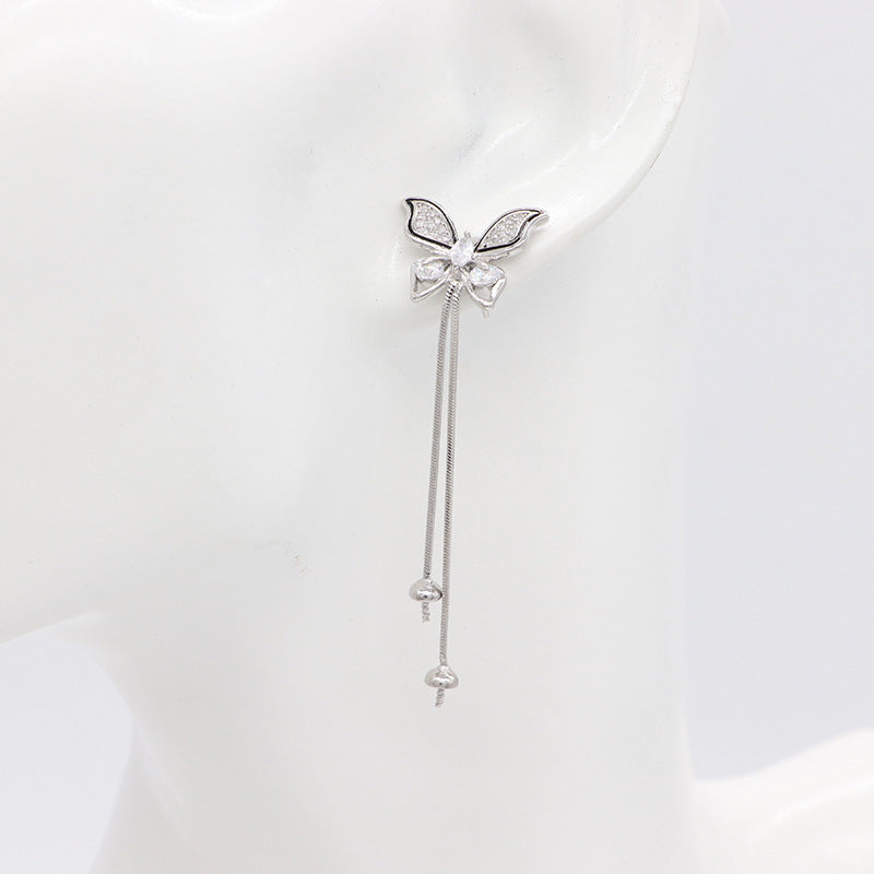 Boucles d'oreilles à clous avec chaîne à griffes de papillon, 4 breloques rondes, 14K GF, ornées de strass