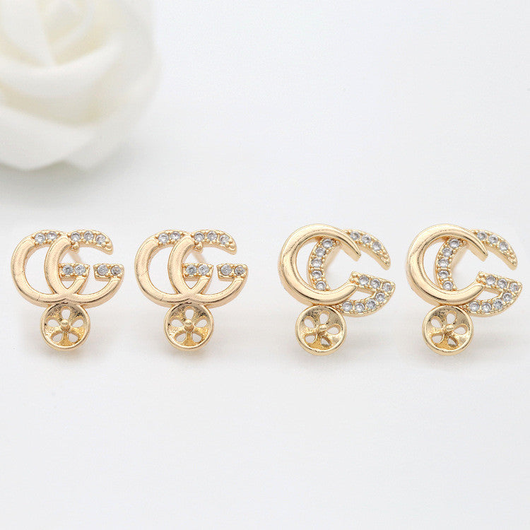 Boucles d'oreilles à tige avec 4 lettres, ornées de strass, 14 carats, GF, perles à moitié percées, vierges