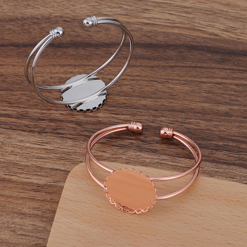 5 bord festonné lunette tasse deux rangées cercle ouvert bracelet 18KGP 25mm cabochon rond Base vierge réglage de la pièce de pierre précieuse
