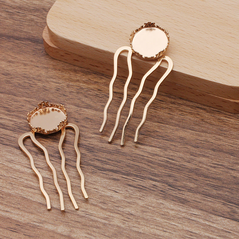 10 Kronenrand-Bezel-Cup-Haargabel-Kamm-Haarnadel 18KGP 15mm runder Cabochon-Rohling-Basis-Edelsteinstück-Fassung