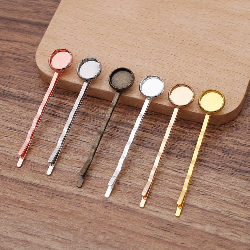 50 Plain Edge Bezel Cup Wave Hair Clip Hairpin 18KGP 10mm 12mm 14mm Round Cabochon Blank Base Gemstone Piece Setting