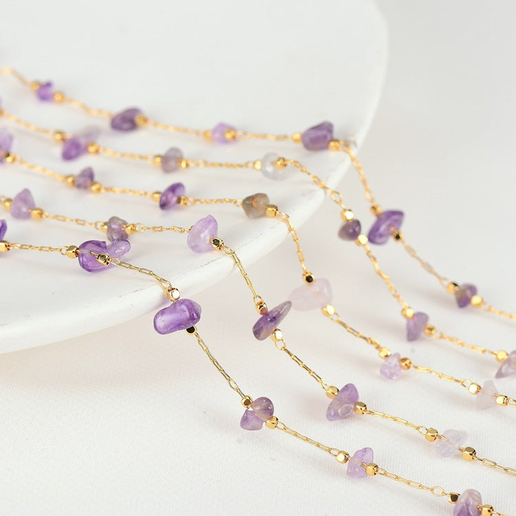 Chaîne de câbles en perles d'améthyste brute de 2 mètres, quartz GF 14K embelli