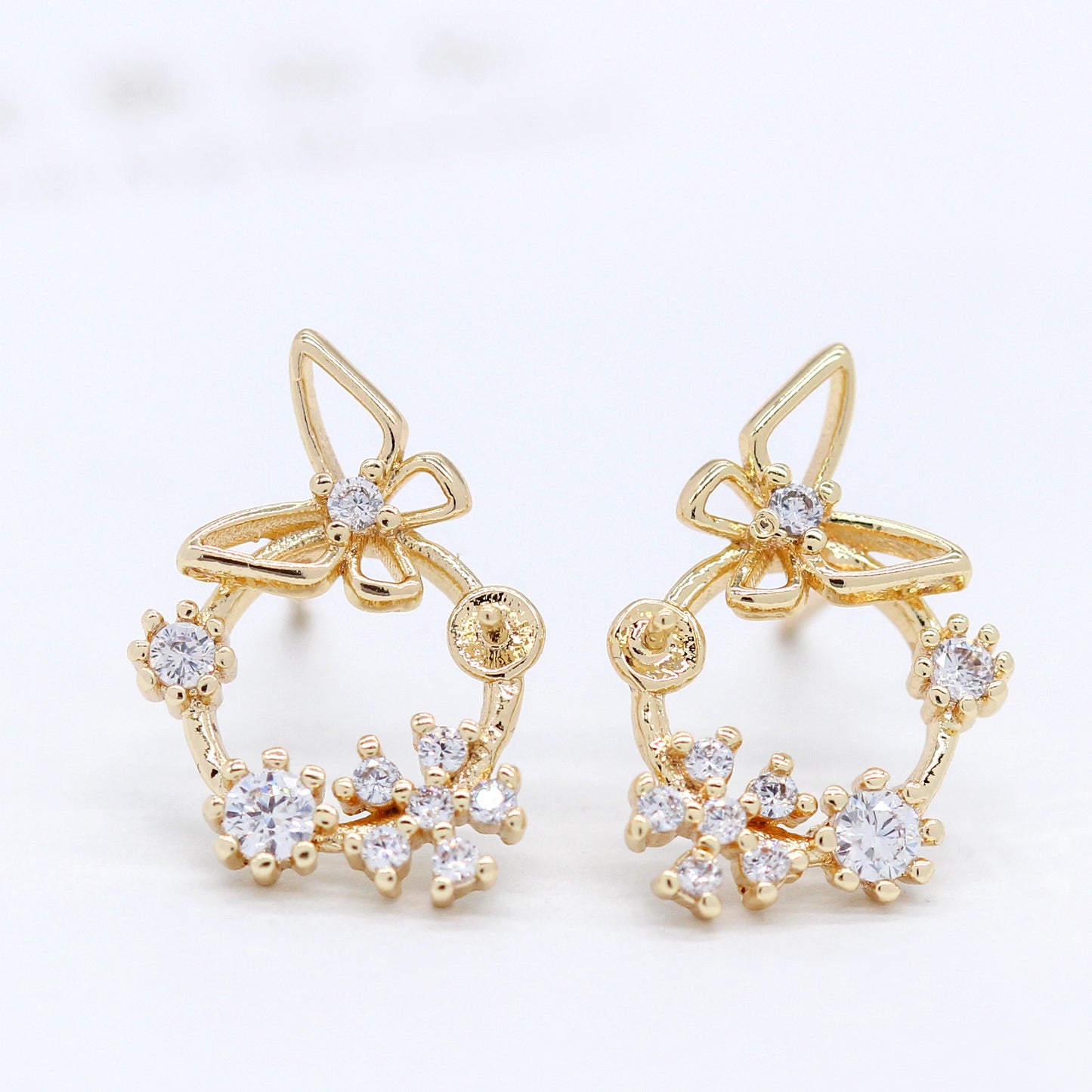 10 Schmetterling Floral Kreis Ohrstecker Strass verziert 14K GF Ohrstecker halb gebohrt Perle Perle Rohling