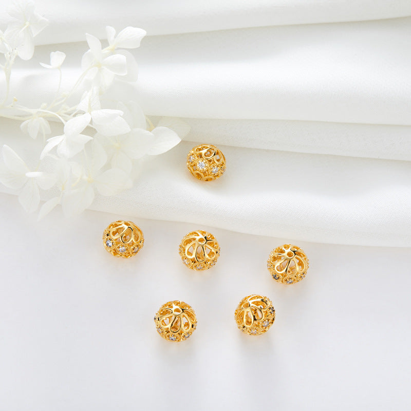 2 Hollow Floral Flat Roundelle Bead Charm Rhinestone Embellished 14K GF Charm Beadwork Spacer