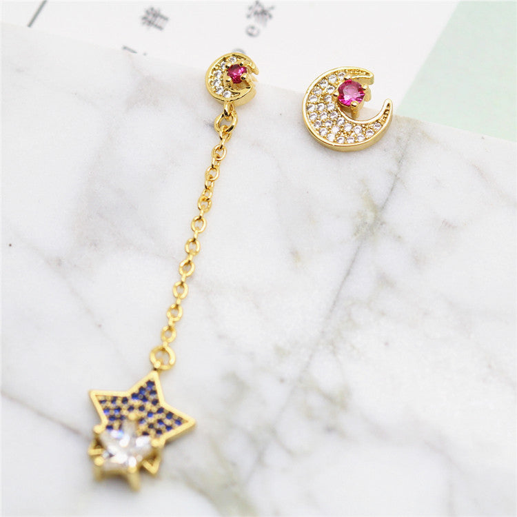 3 paires de boucles d'oreilles à breloques lune et étoile ornées de strass 14K GF