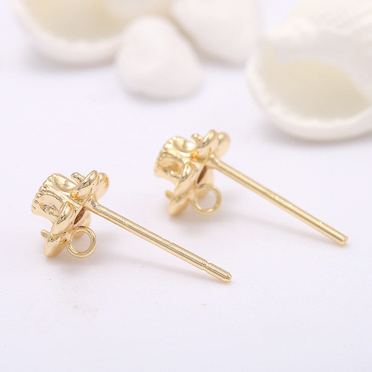4 Floral Stud Earrings Rhinestone Embellished 14K GF Earing Half Drilled Pearl Bead Blank