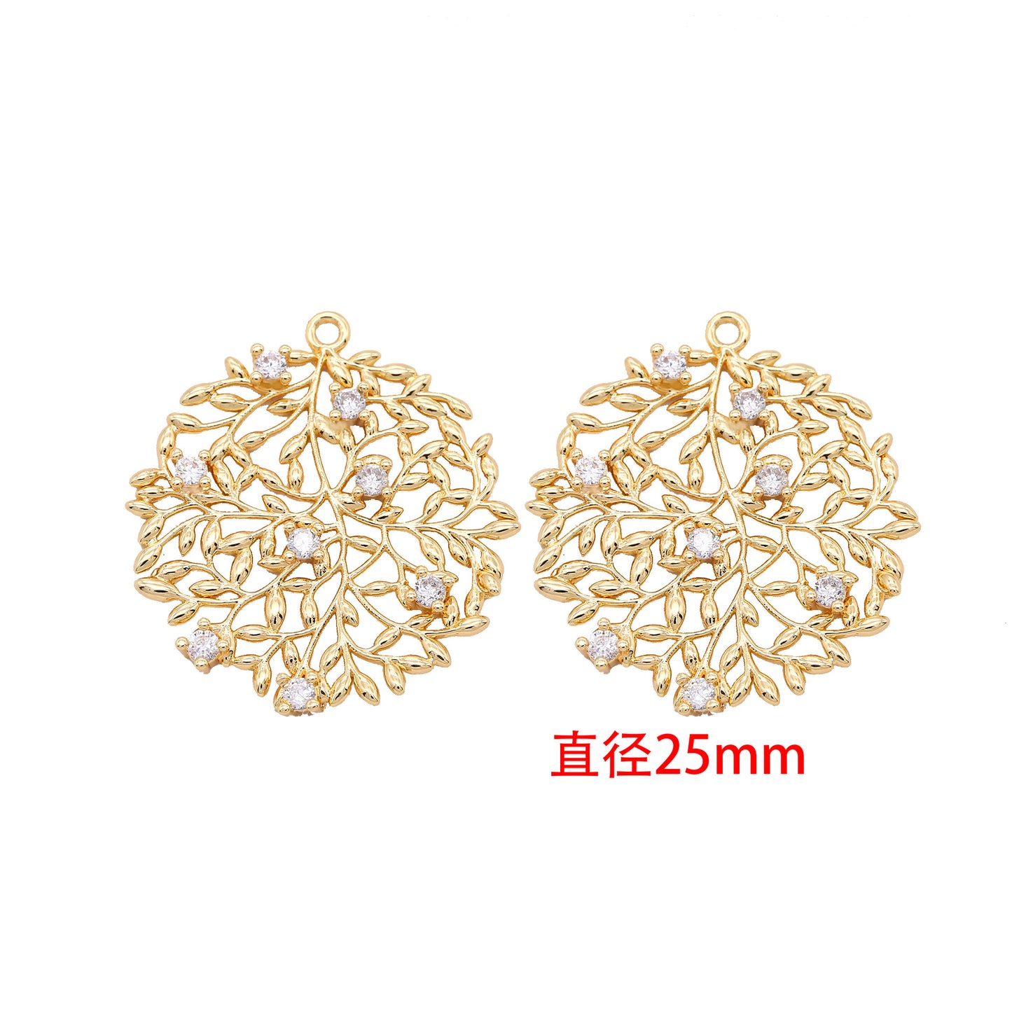 5 branches creuses de feuilles, pendentif à breloque rond en forme d'étoile et de cœur, orné de strass, 14K GF