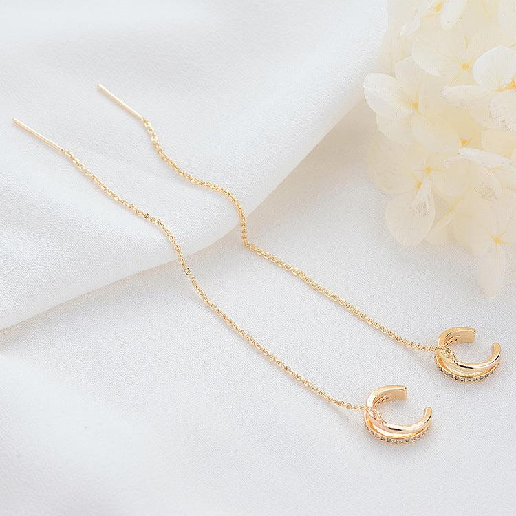 4 Ohrstecker mit offenem Kreis, lange Kabelkette, Einfädler, mit Strasssteinen verziert, 14-Karat-GF-Ohrring