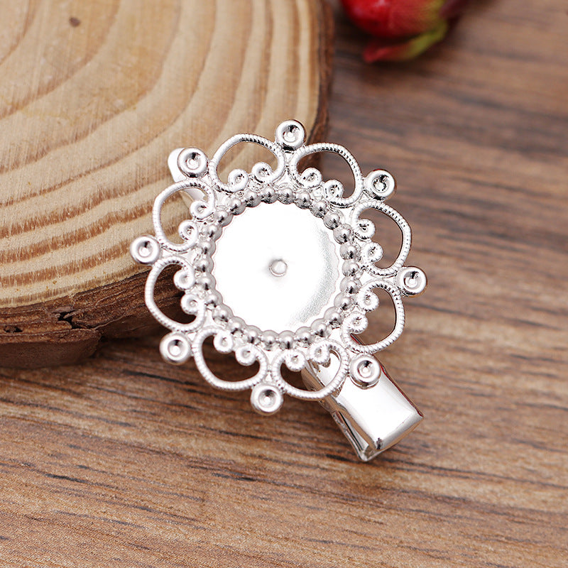 20 Floral Edge Bezel Cup Alligator Hairclip 18KGP 12mm Round Cabochon Blank Base Gemstone Setting