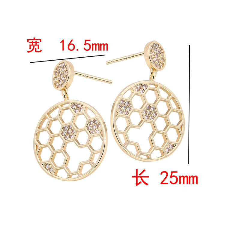 4 boucles d'oreilles à clous à breloque en nid d'abeille ornées de strass 14K GF Earing