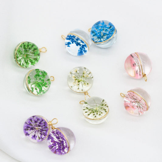 2 fils enveloppés de vraie fleur à l'intérieur d'un dôme en verre rond, pendentif à breloque 14K GF