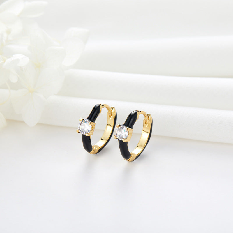 4 One Stone Hoop Earrings Enamel Epoxy Rhinestone Embellished 14K GF Earing