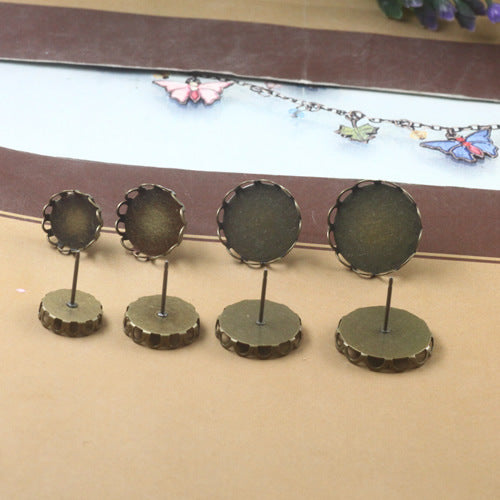 100 boucles d'oreilles à tige avec lunette à bord festonné, 18KGP, 10mm, 12mm, 14mm, 16mm, cabochon rond, Base vierge, réglage de pièces de pierres précieuses