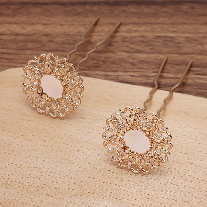 10 Scallop Edge Bezel Cup Filigree Floral Charm Hair Fork Hairpin 18KGP 10mm Round Cabochon Blank Base Gemstone Piece Setting