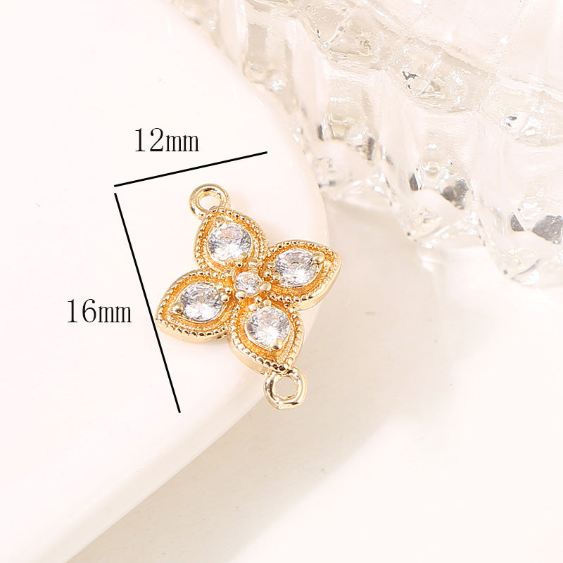 2 Double Looped Floral Snowflake Diamond Olive Charm Connector Rhinestone Embellished 14K GF