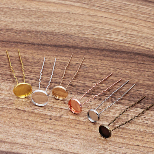 30 Plain Edge Bezel Cup Charm Hair Fork Hairpin 18KGP 10mm 12mm 14mm Round Cabochon Blank Base Gemstone Piece Setting
