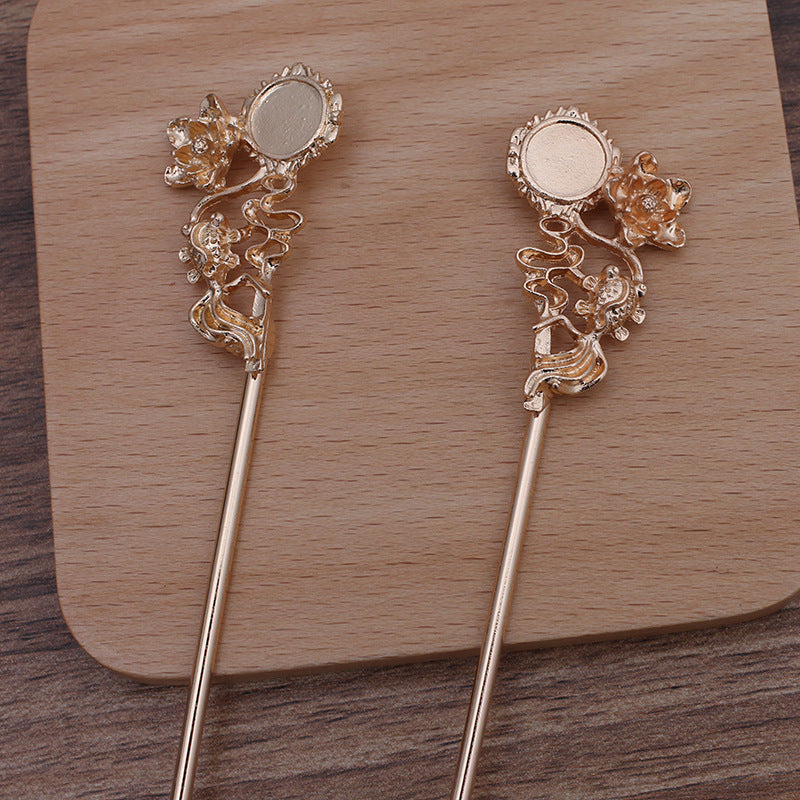 10 Goldfish Floral Chinese Stick Hairpin 18KGP 10mm Round Cabochon Blank Base Gemstone Piece Setting