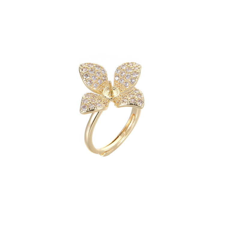 2 boucles d'oreilles pendantes à breloque florale, bague de déclaration ornée de strass 14K GF, perle semi-percée, perle vierge
