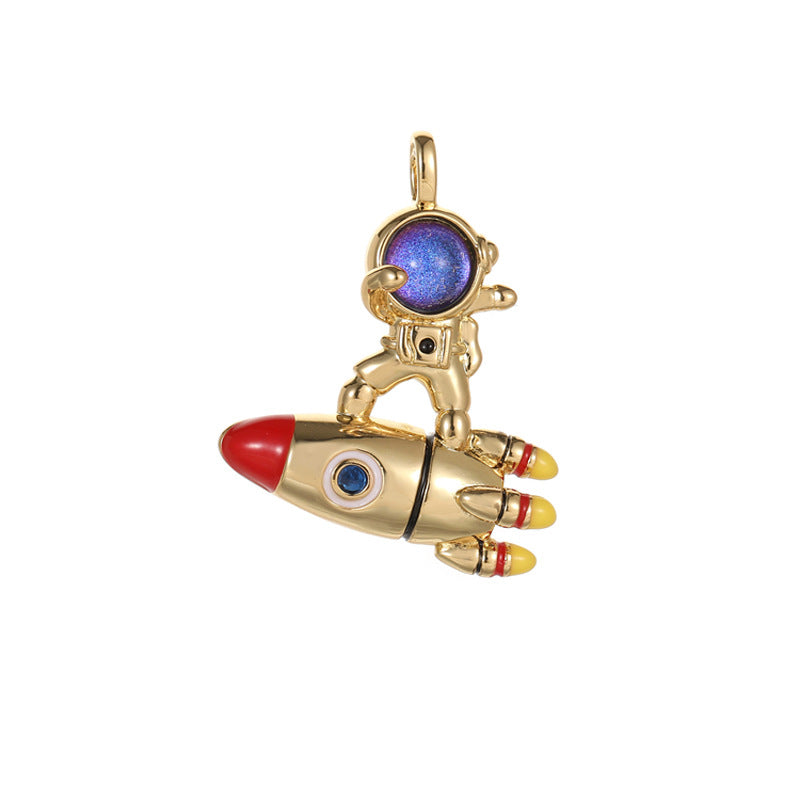 2 Cateye-Steine, Astronaut auf Mond, Rakete, Schwan, Katze, Charm-Anhänger, Harz, Strass, verziert, 14 K GF