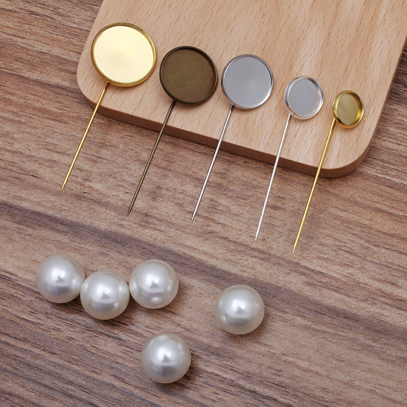 200 Plain Edge Bezel Cup Long Stick Safe Brooch Pin 18KGP 10mm 12mm 14mm 16mm 18mm 20mm Round Cabochon Blank Base Gemstone Piece Setting