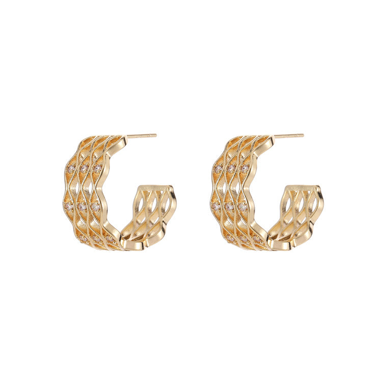 4 boucles d'oreilles à tige en grille semi-circulaire ornées de strass 14K GF Earing