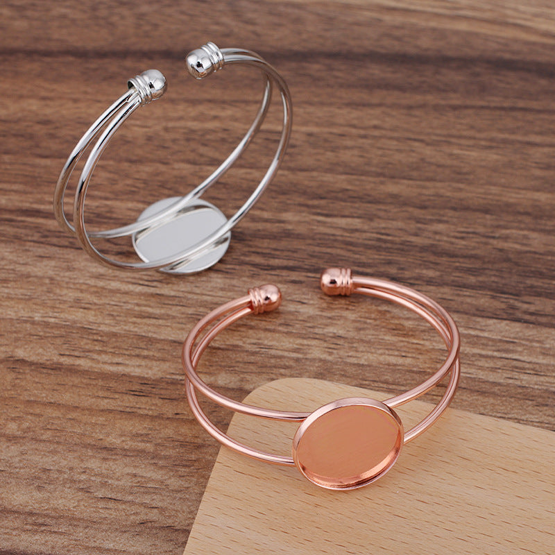 Bracelet à cercle ouvert à deux rangées de 5 bords unis, 18KGP, cabochon rond de 20mm, Base vierge, sertissage de pièces de pierres précieuses