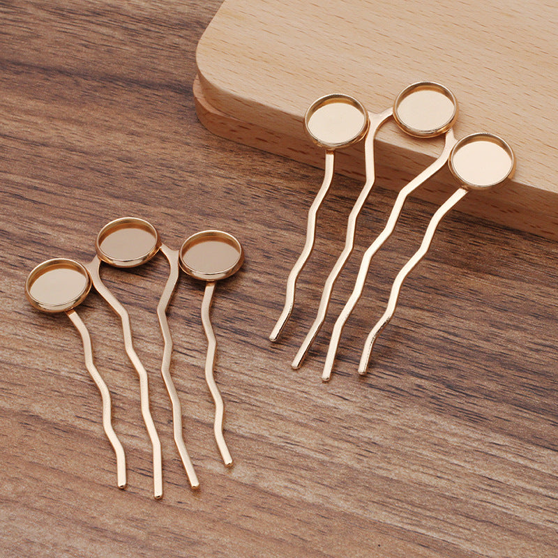 10 trois bords unis lunette coupe cheveux fourchette peigne épingle à cheveux 18KGP 12mm rond Cabochon Base vierge pierre précieuse pièce réglage