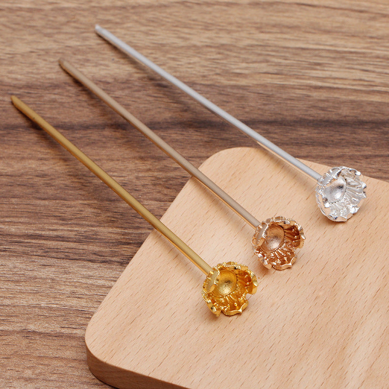 20 florale chinesische Stab-Haarnadeln, 18 kgp, 12 mm, rund, nicht poröse Perlen, blanko Basis, Edelstein-Perlenfassung