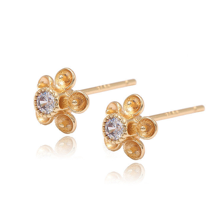 4 Floral Stud Earrings Rhinestone Embellished 14K GF Earing Half Drilled Pearl Bead Blank