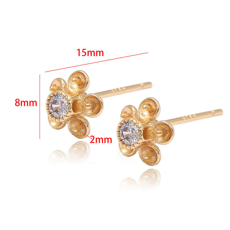 4 Floral Stud Earrings Rhinestone Embellished 14K GF Earing Half Drilled Pearl Bead Blank