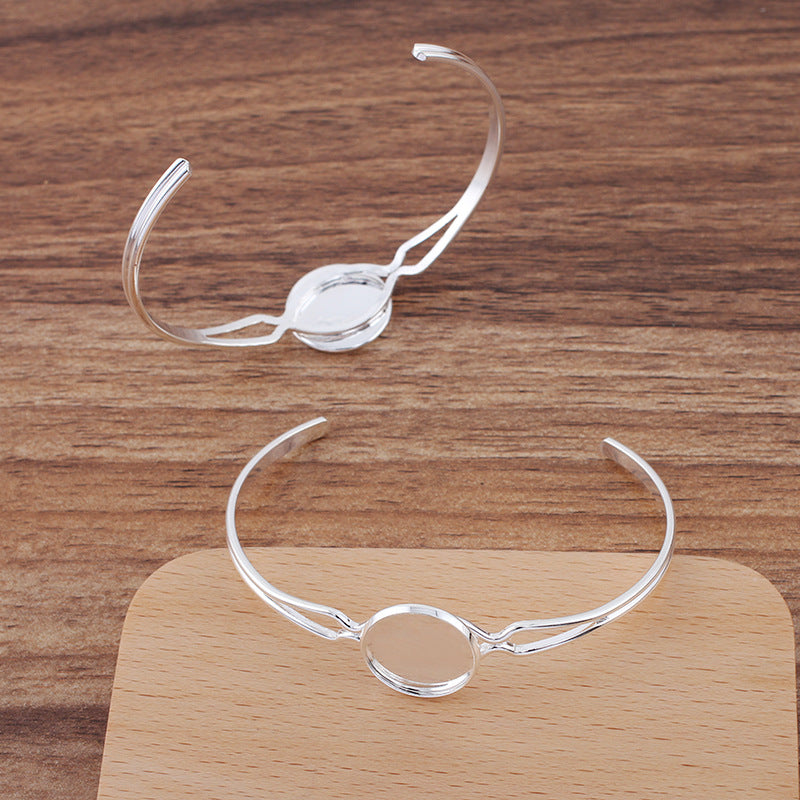 Bracelet à cercle ouvert à deux rangées de 5 bords unis, 18KGP, cabochon rond de 16mm, Base vierge, sertissage de pièces de pierres précieuses