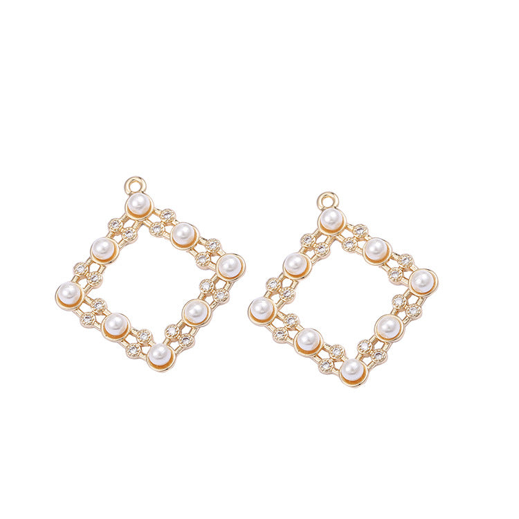 2 Hollow Square Circle Charm Pendant Pearl Rhinestone Embellished 14K GF
