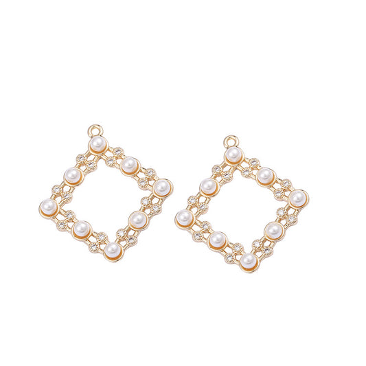 2 pendentif à breloque cercle carré creux perle strass embelli 14K GF
