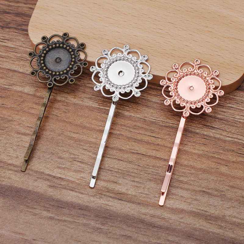 30 filigrane bord Floral lunette tasse vague pince à cheveux épingle à cheveux 18KGP 12mm cabochon rond Base vierge pierre précieuse pièce réglage