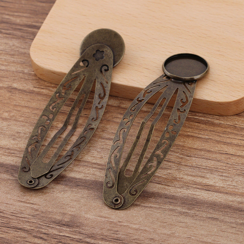 20 Plain Edge Bezel Cup Filigree Snap Hair Clip Hairpin Bronze 18mm Round Cabochon Blank Base Gemstone Piece Setting