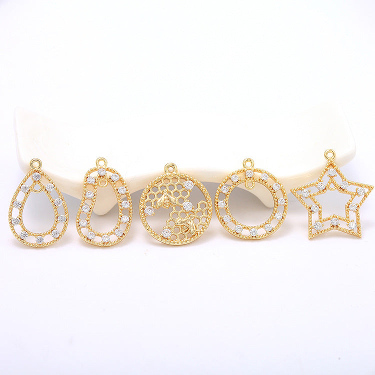 2 Round Honeycomb Star Waterdrop Circle Charm Pendant Rhinestone Embellished 14K GF