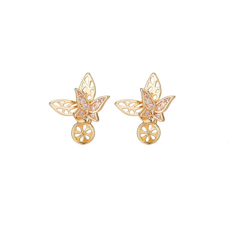 4 boucles d'oreilles rondes, carrées, papillon, ornées de strass, 14K GF, boucles d'oreilles à moitié percées, perles vierges