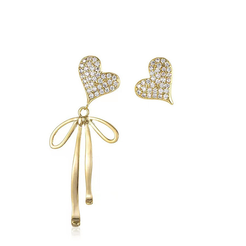 4 boucles d'oreilles à tige en forme de cœur avec nœud papillon, ornées de strass 14 carats GF