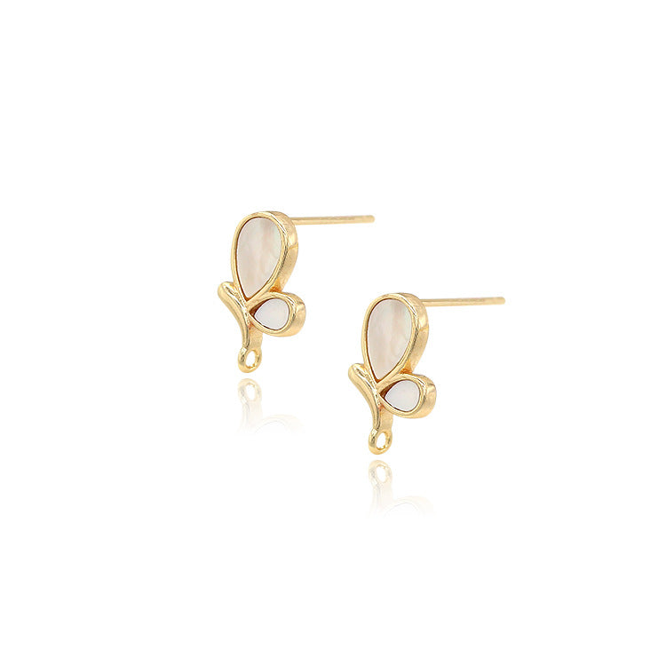 2 boucles d'oreilles à tige avec pendentif à breloque papillon, coquillage orné de strass, 14 carats GF
