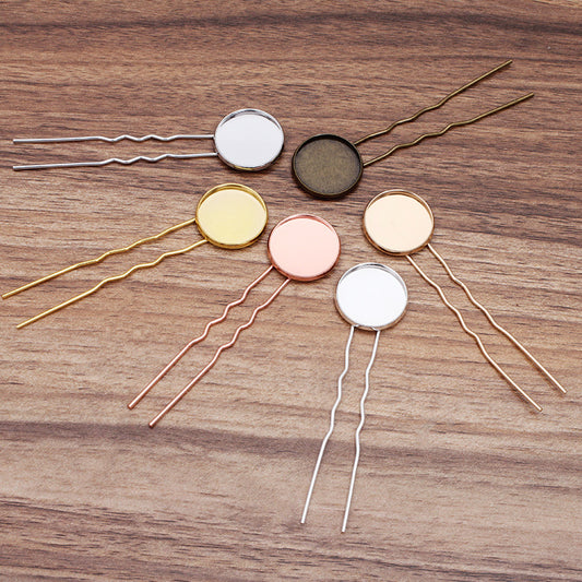 20 Plain Edge Bezel Cup Charm Hair Fork Hairpin 18KGP 10mm 12mm 14mm 16mm 18mm 20mm Round Cabochon Blank Base Gemstone Piece Setting