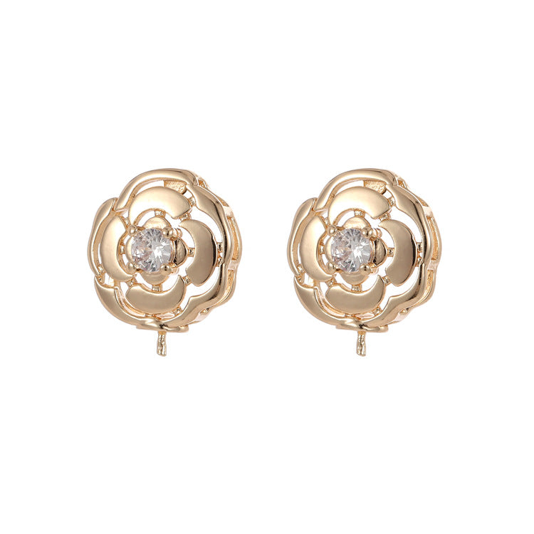 4 boucles d'oreilles à tige en forme de cercle floral, ornées de strass, 14K GF, boucles d'oreilles à moitié percées, perle vierge